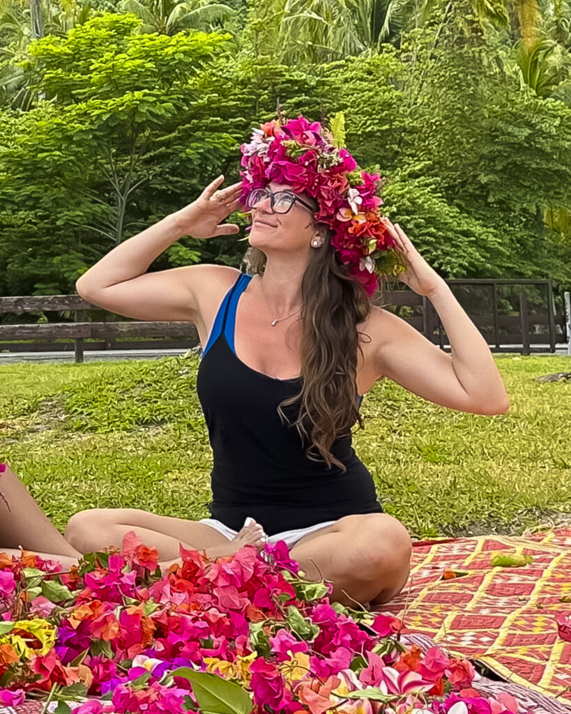 Ashley wearing a handmade flower crown in French Polynesia