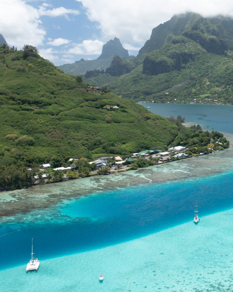 drone image of Moorea French Polynesia Cooks Bay