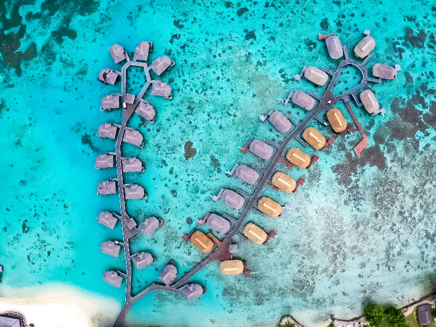 Birds eye view of over the water bungalows Sofitel Resort Moorea French Polynesia