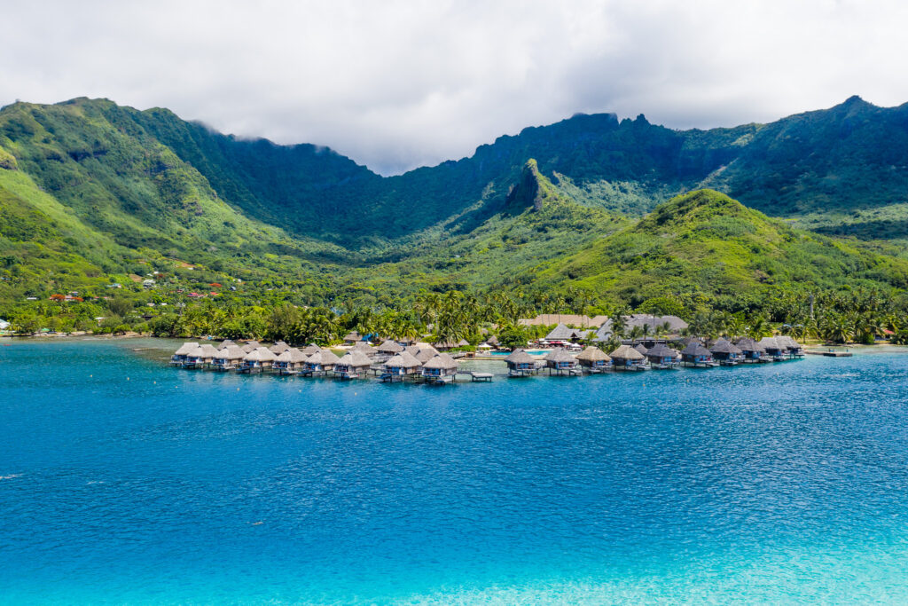 Drone view of over the water bungalows Manava Resort Moorea French Polynesia