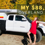 Girl in red dress with black dog in front of a 2023 Toyota Tacoma with a camera and black bed replacement