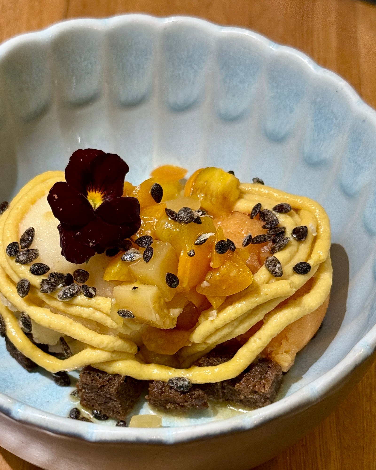 Tutti frutti sorbet, granadilla sorbet, tropical fruit escabeche,
guáimaro & mucuna seed financier, mango viche curd